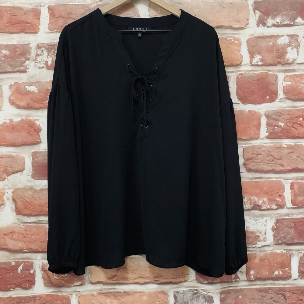 Eloquii Top Shirt Women's 22 Plain Black Lace Up Neck Casual Peasant Sleeves